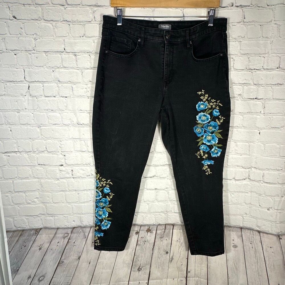Martha Stewart Womens Skinny Ankle Jeans 14P‎ Denim Embroidered Floral Black